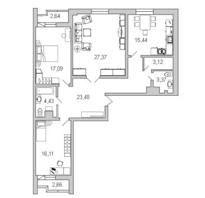 Трехкомнатная квартира в : площадь 113.1 м2 , этаж: 9 – купить в Санкт-Петербурге